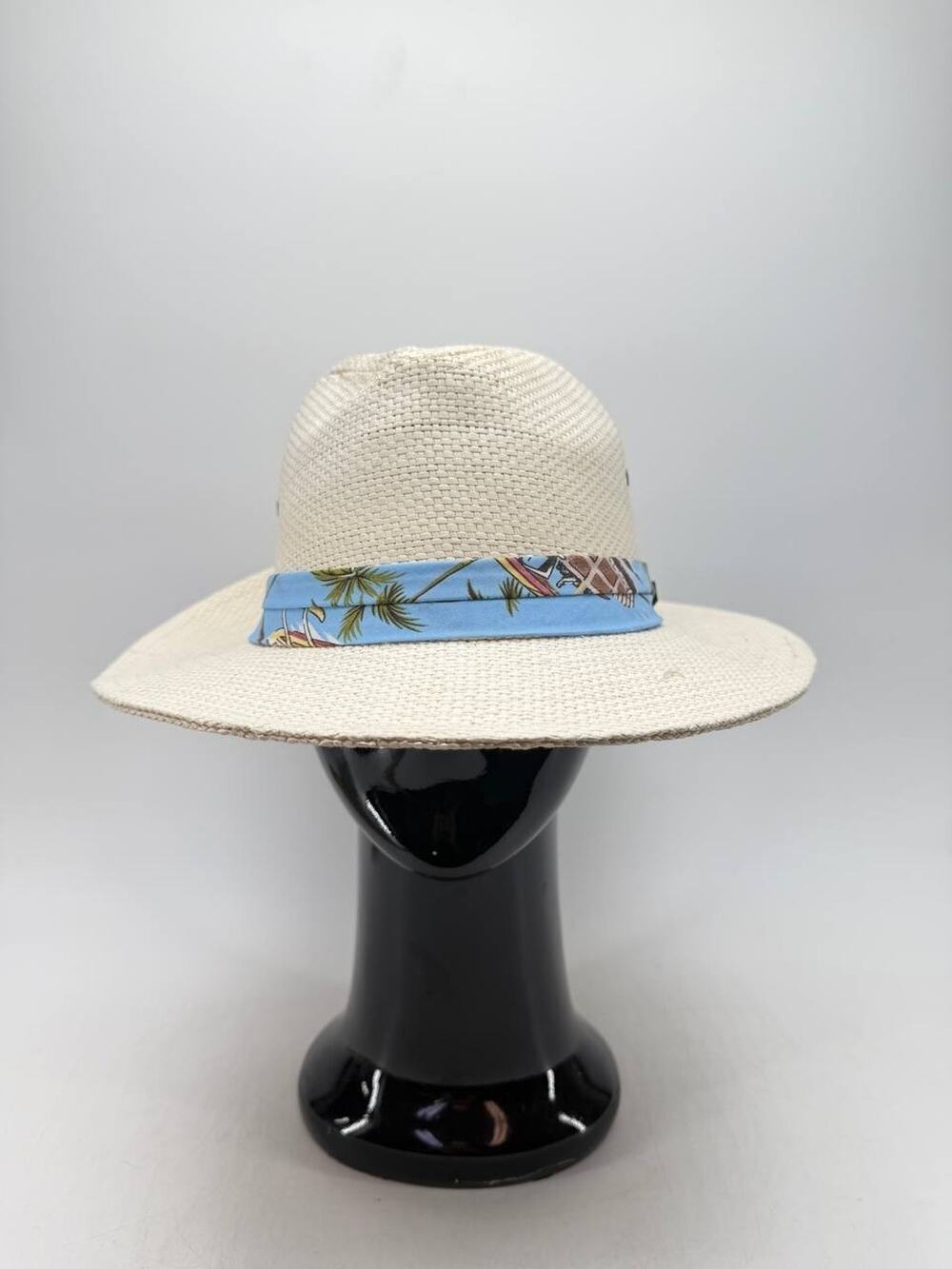 Island Beach Women's Large Paper Straw Wide Brim Sun Hat Tropical Band Beige